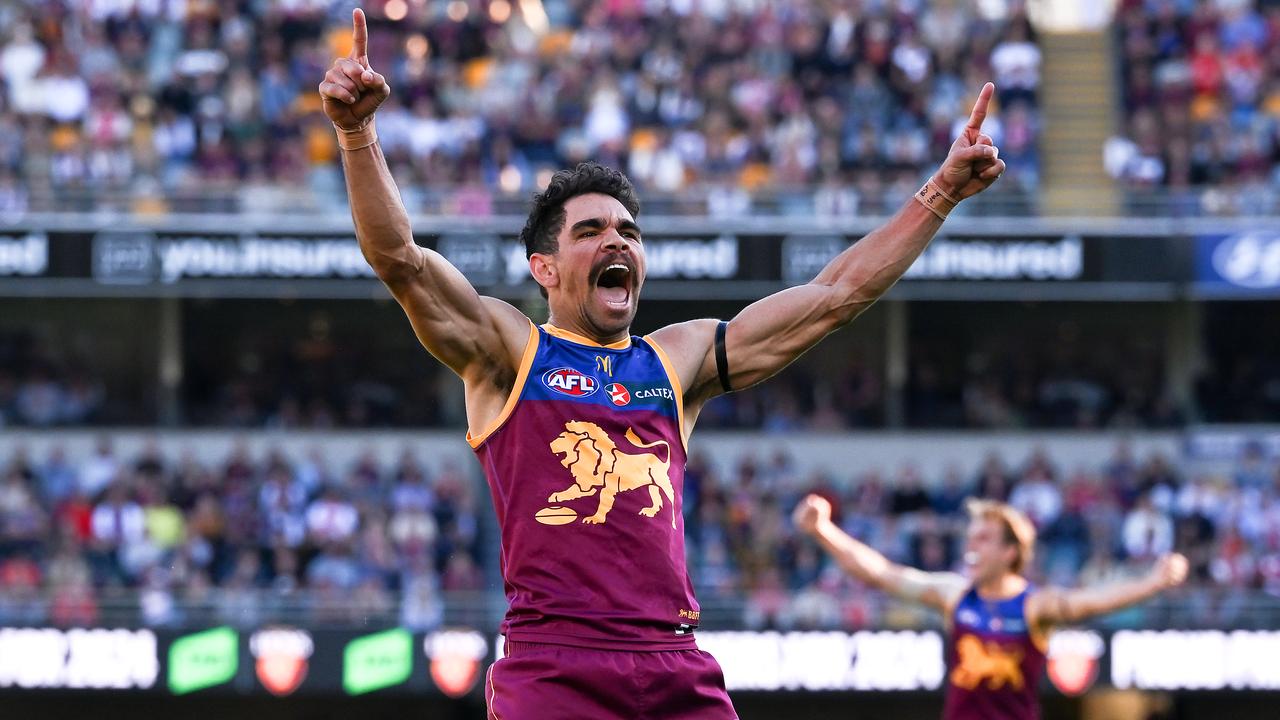 BRISBANE, AUSTRALIA - JULY 21: Charlie Cameron of the Lions celebrates kicking a goal during the round 19 AFL match between Brisbane Lions and Sydney Swans at The Gabba, on July 21, 2024, in Brisbane, Australia. (Photo by Albert Perez/Getty Images)