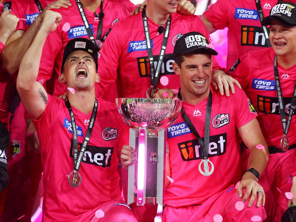 Steve O'Keefe and Moises Henriques of the Sydney Sixers.