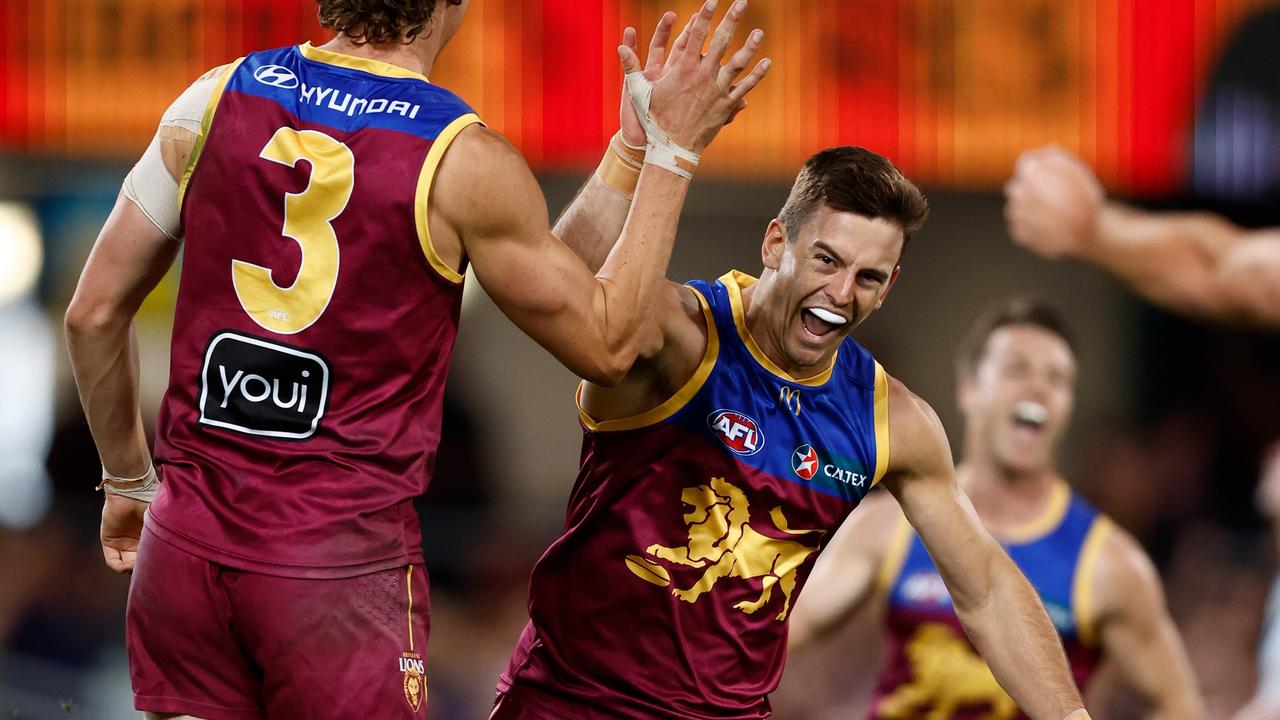 Jarryd Lyons celebrates kicking a goal for the Brisbane Lions. Picture: Michael Willson/AFL Photos via Getty Images