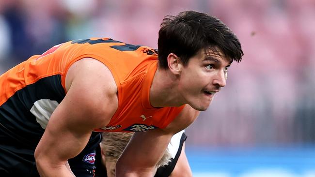 SYDNEY, AUSTRALIA - JUNE 16: Sam Taylor of the Giants controls the ball during the round 14 AFL match between Greater Western Sydney Giants and Port Adelaide Power at ENGIE Stadium, on June 16, 2024, in Sydney, Australia. (Photo by Brendon Thorne/AFL Photos/via Getty Images)