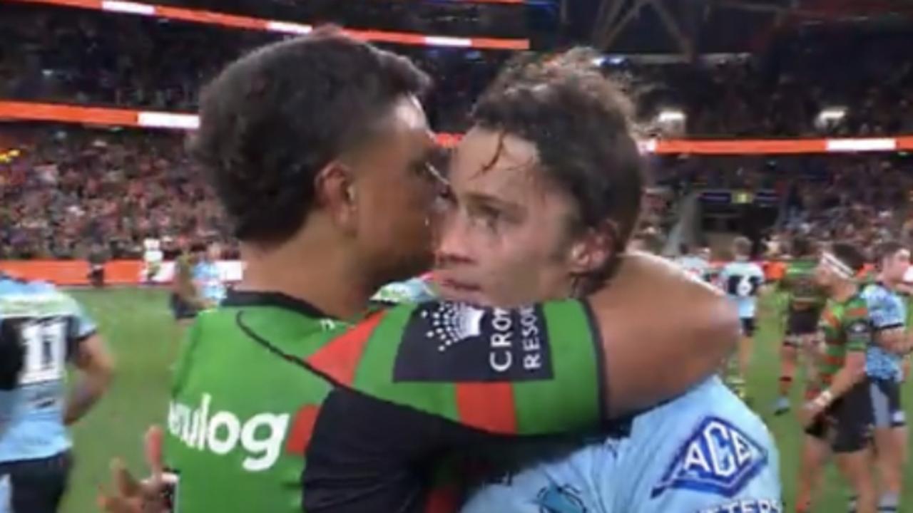 Mitchell consoled Nicho Hynes in last year’s finals series and also supported Tyrell Sloan after the Charity Shield on Saturday. Picture: Fox League
