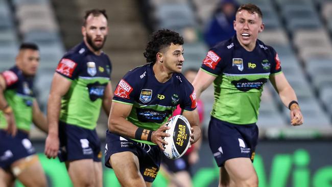 Raiders winger Xavier Savage during his NRL debut. Picture: NRL Photos