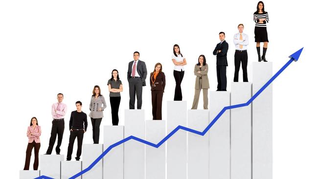 group of business people with a chart representing growth and success - isolated over a white background