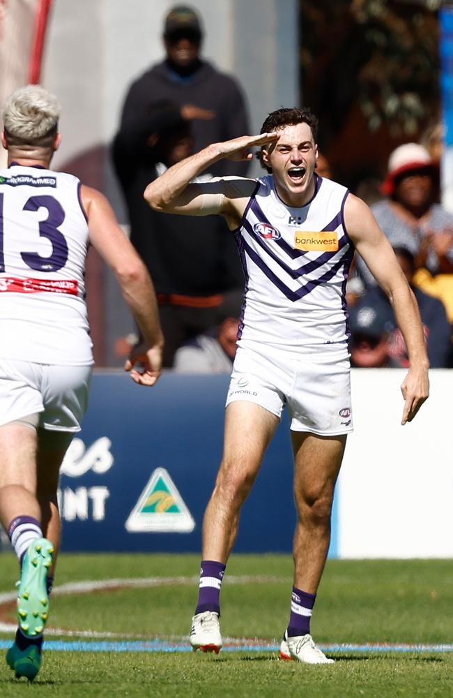 Jordan Clark of the Dockers had a day out for the Dockers on Sunday. Picture: Michael Willson/AFL Photos via Getty Images.