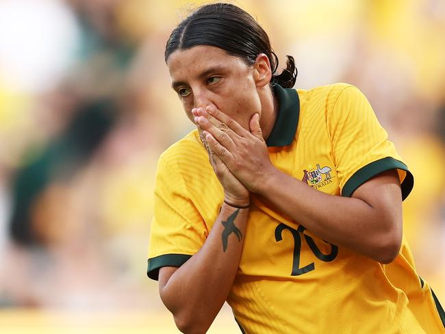 SYDNEY, AUSTRALIA - FEBRUARY 19: Sam Kerr of Australia reacts after a missed opportunity on goal during the 2023 Cup of Nations Match between Australian Matildas and Spain at CommBank Stadium on February 19, 2023 in Sydney, Australia. (Photo by Matt King/Getty Images)