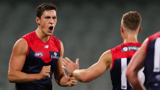 Sam Weideman celebrates a goal for the Demons. Picture: Matt Turner/AFL Photos