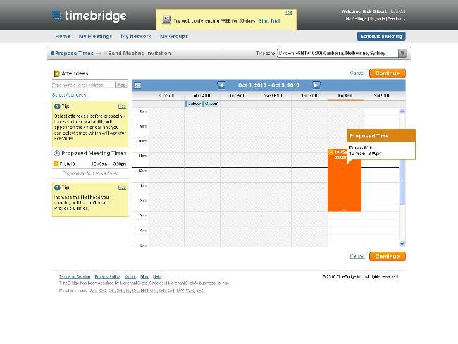 Timebridge www.timebridge.com Timebridge, while also good for actually holding online meetings, is put to best use as an easy-to-use scheduler. The free flavour of the software allows you to import calendars from Google Calendar, Microsoft Exchange, and a bunch of other places, and will automatically compare with others you invite to meetings, in order to work out the best times. Paid versions also allow things such as automatic SMS meeting invitations, which is pretty much the pinnacle in lazy, but also completest and efficient, team management. Image: Supplied