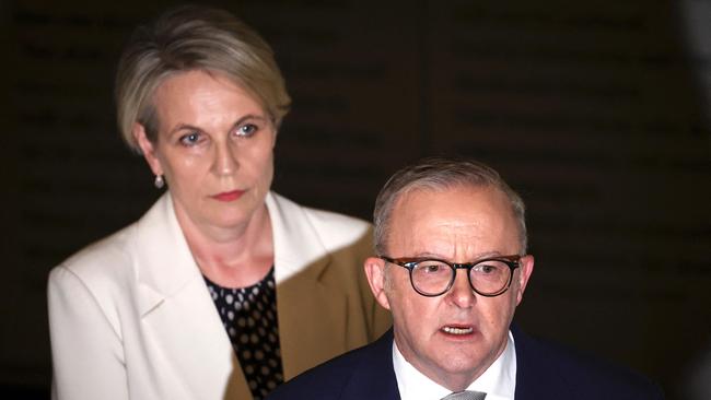 Australiaâs Prime Minister Anthony Albanese (R) stands with Australiaâs Minister for the Environment, Tanya Plibersek, as he speaks during a press conference at the Sydney Jewish Museum in Sydney on December 11, 2024. Albanese in a statement on social media said "I stand with the Jewish community and unequivocally condemn this attack", after vandals daubed anti-Israel graffiti in a Sydney suburb on December 11, days after a Melbourne synagogue was set ablaze. (Photo by DAVID GRAY / AFP)