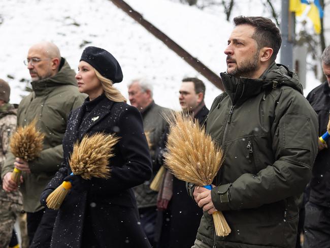 Ukrainian President Volodymyr Zelenskyy and his wife Olena pay tribute to the victims of the famine of 1932-1933 at the National Museum of the Holodomor-Genocide in Kyiv. Picture: AFP