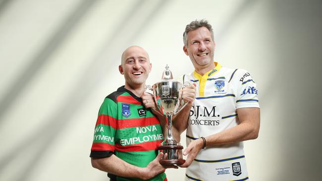 Pictured in Sydney ahead of a Physical Disability World Club Challenge is South’s player George Tonna and comedian Adam Hills. Picture: Richard Dobson