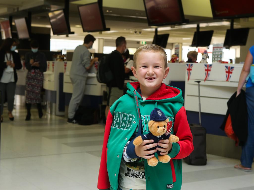 Ephraim Chambers was given a teddy bear at the check-in desk. Picture: Gaye Gerard / NCA Newswire