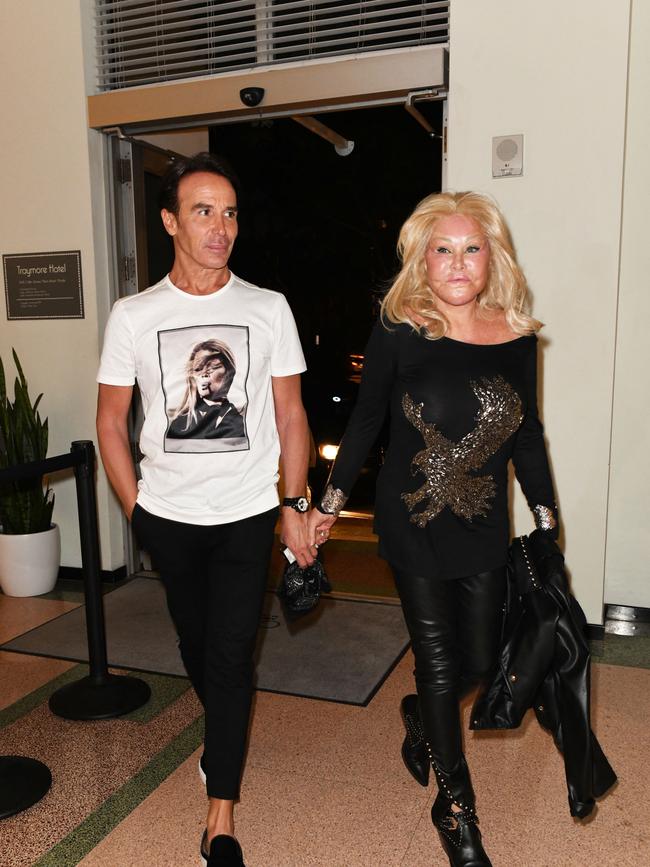 Jocelyn 'Catwoman' Wildenstein and her fiance Lloyd Klein hit the town during a luxury break in Miami Beach. Picture: Splash News/Media Mode