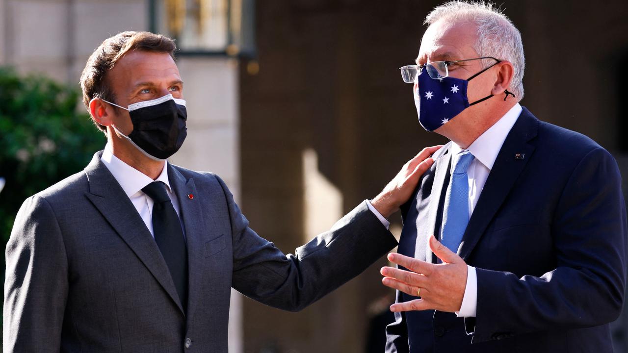 French President Emmanuel Macron and Prime Minister Scott Morrison. Picture: Thomas Samson/AFP