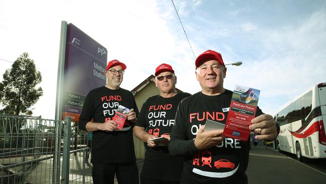 Melton Councilor Bob Turner and council staff are on the Melton train platform every morning this week handing out flyers to commuters and getting signatures for the Fund Our Future petition.Pictured at Melton station are left Matthew Milbourne ( council officer) , Allan Perry ( Melton Residence association ) and Cr Bob Turner Picture Mark Wilson