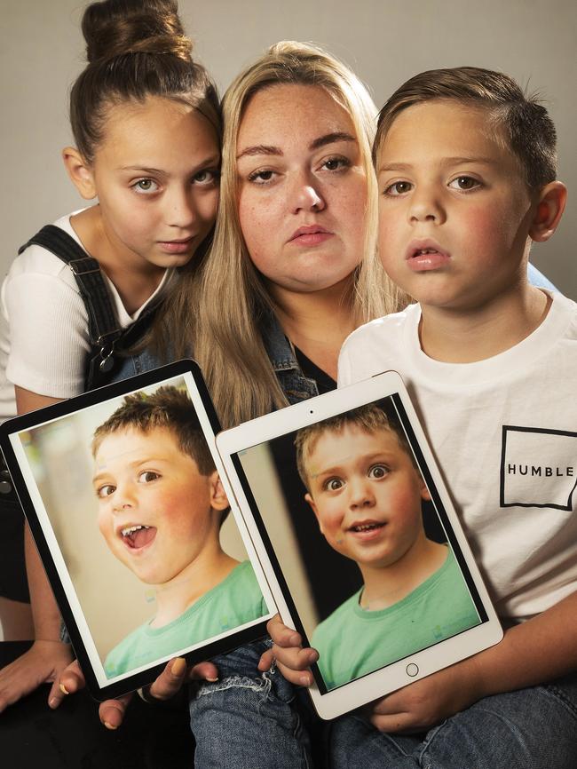 Penny Rudge with Socrates and Athena and their school photos. Picture: Rob Leeson