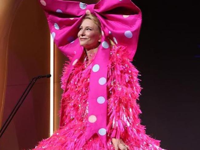 Cate Blanchett wearing a gown created by Brisbane designer Rachel Burke on stage at the AACTA awards. Photo: Instagram.