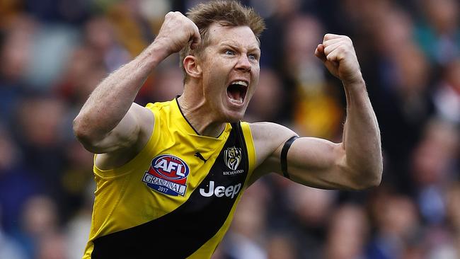 Jack Riewoldt celebrates his goal in the fourth quarter. Picture: Michael Klein