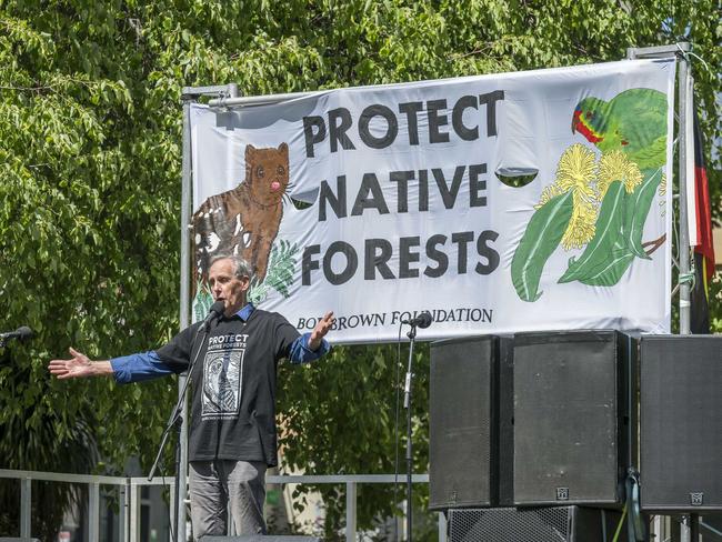 RALLY FOR FORESTS - Bob Brown at Parliament House Gardens Hobart. Picture: Caroline Tan