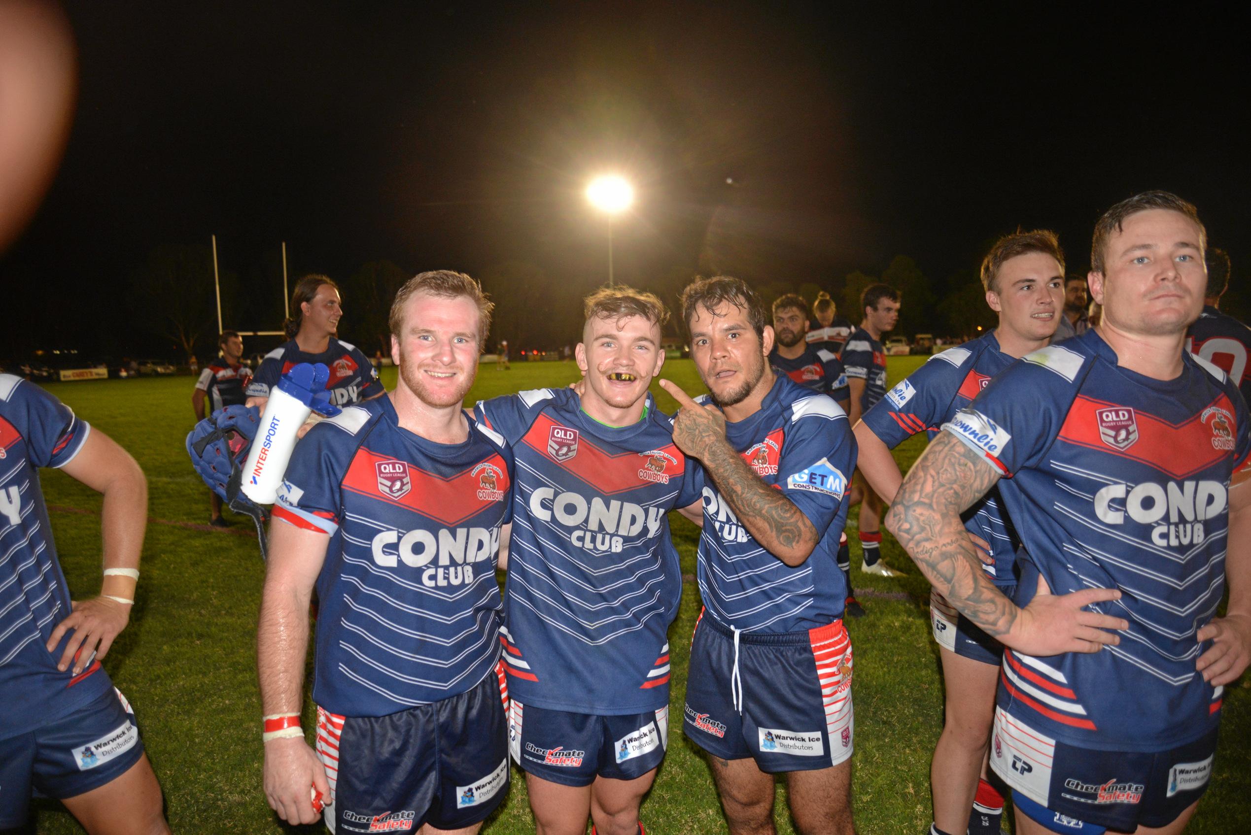 Warwick Cowboys trio Sam Broomhall, Harry Sullivan and Coedie Tandy after a win in TRL round 1. Picture: Gerard Walsh