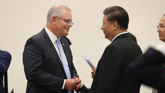 Prime Minister Scott Morrison meets Chinese President Xi Jinping during the G20 in Osaka, Japan on June 28. Picture: Adam Taylor