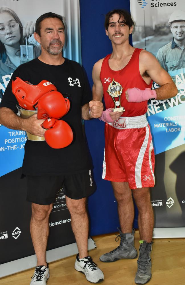 Powerhouse Boxing Gym's trainer Rodd Hanns and fighter Chase Sutton at the Reef 'n' Beef Fight Night, Bravus Arena, Rockhampton, on October 21, 2023.