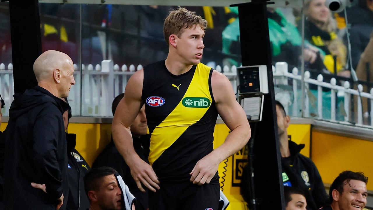 MELBOURNE – APRIL 08: Tom Lynch of the Tigers is seen on the bench during the 2023 AFL Round 04 match between the Richmond Tigers and the Western Bulldogs at the Melbourne Cricket Ground on April 8, 2023 in Melbourne, Australia. (Photo by Dylan Burns/AFL Photos via Getty Images)