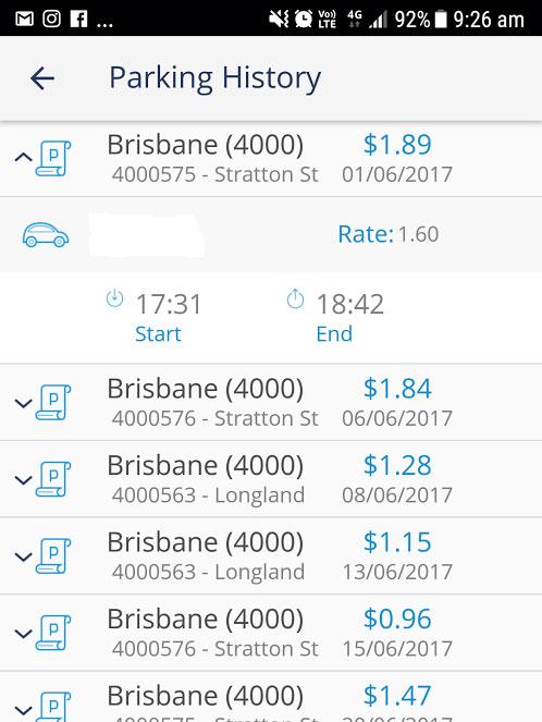 A screen shot of the Cell O Park app showing parking payments made by Bryan Daniel on Stratton St, Newstead. Picture: Supplied