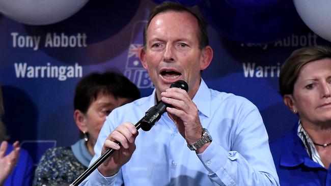 Former Prime Minister and Warringah Liberal candidate Tony Abbott concedes defeat at Manly Leagues Club in Brookvale, Sydney, last May after holding the sear for 25 years. Picture: Bianca De Marchi