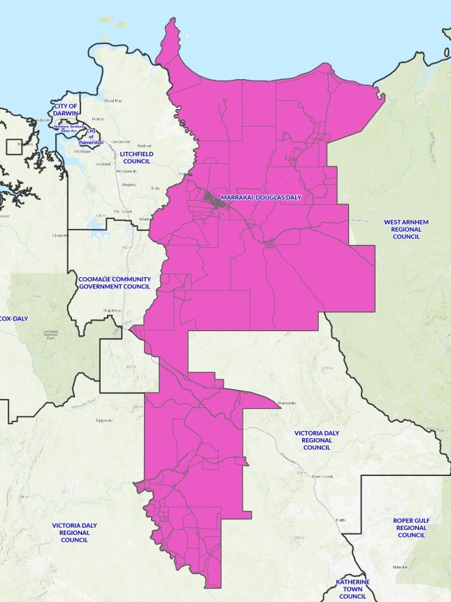 The Marrakai-Douglas Daly region (in pink) is currently an unincorporated area, meaning it is not within any local government. Map: NT Government