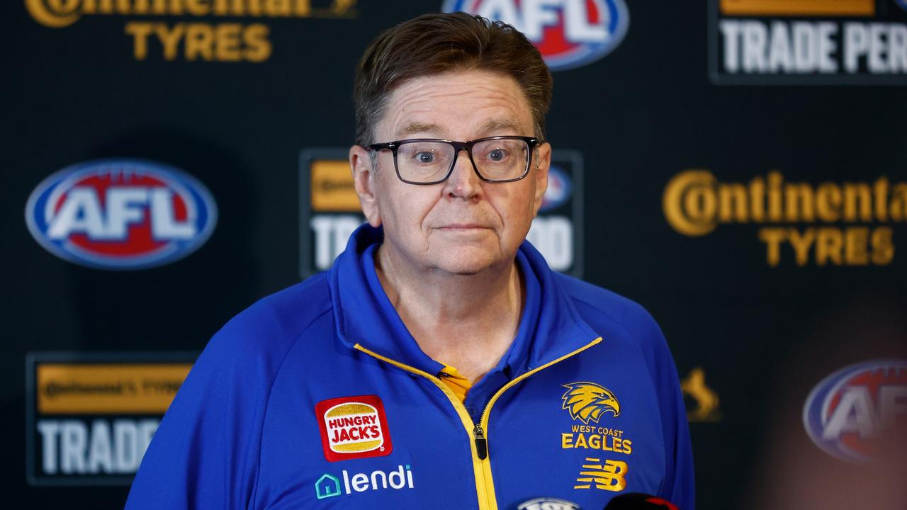 MELBOURNE, AUSTRALIA - OCTOBER 09: Rohan O'Brien, Recruiting and List Manager of the Eagles speaks with media during the 2023 Continental Tyres AFL Trade Period at Marvel Stadium on October 09, 2023 in Melbourne, Australia. (Photo by Michael Willson/AFL Photos via Getty Images)