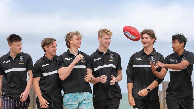 Port Adelaide’s 2019 draftees Dylan Williams, Jackson Mead, Miles Bergman, Jake Pasini, Mitchell Georgiades and Trent Burgoyne. Picture: Russell Millard/AAP