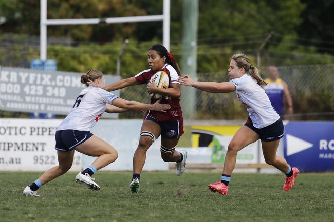 Fleur Ginn (ball in hand). Next Gen 7s Rd 1 NSW v QLD at Forshaw Rugby Park, Sylvania Waters - Saturday 5th October 2024. Picture credit: Karen Watson.