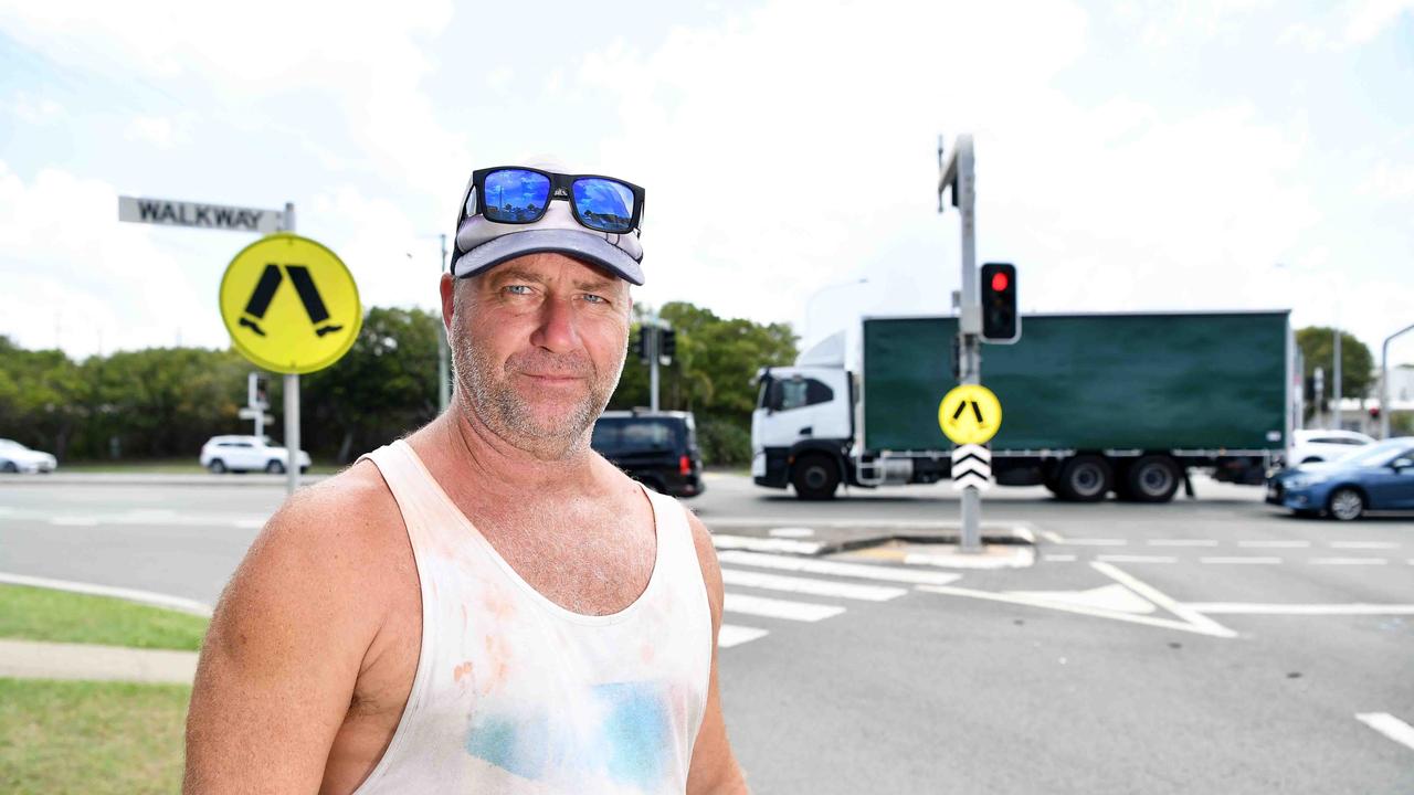 Warana resident Simon Brown at the intersection of Nicklin Wy and Kawana Island Blvd,. Picture: Patrick Woods.