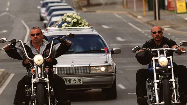 The funeral of bikie gang murder victims Hubert Weston and Graham Nixon in October 1999.