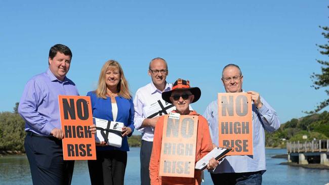 BUILDING HEIGHTS: Cr Reece Byrnes, Richmond MP Justine Elliot, NSW Labor Leader Luke Foley, Cr Ron Cooper and Shadow Minister for the North Coast Walt Secord are opposed to buildings higher than three storeys in Kingscliff. Picture: Mitchell Crawley