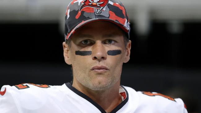 ATLANTA, GEORGIA - JANUARY 08: Tom Brady #12 of the Tampa Bay Buccaneers looks on prior to the game against the Atlanta Falcons at Mercedes-Benz Stadium on January 08, 2023 in Atlanta, Georgia. (Photo by Alex Slitz/Getty Images)