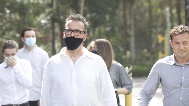 Theo Hayez' father Laurent Hayez (centre) and other loved ones outside court for the inquest into the Belgian backpacker's disappearance in Byron Bay. Picture: Liana Boss