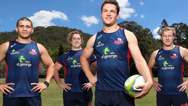 Queensland Reds youngsters Izaia Perese, Andrew Ready, Michael Gunn and Jake McIntyre. Picture: Darren England.