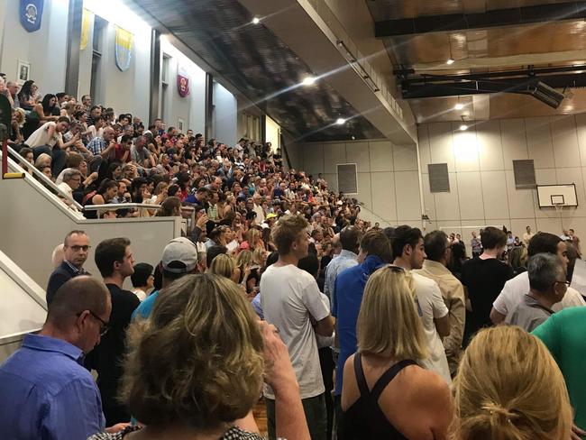 Angry parents and students attend a meeting last Friday night. Picture: Supplied