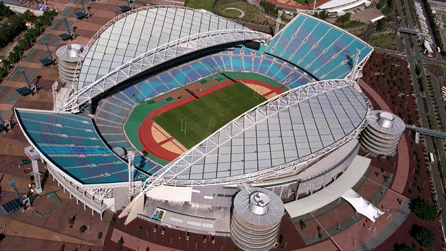 An aerial view of Stadium Australia at Olympic Park upon completion 18 years ago. Sydney’s west starts for many at the landmark.