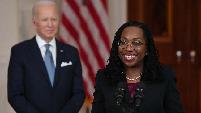 Judge Ketanji Brown Jackson speaks to the media as President Joe Biden watches on following her nomination to the US Supreme Court. Picture: AFP