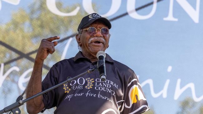 Central Land Council chair Warren Williams addresses the crowd at the CLC's 50th anniversary at the Alice Springs Telegraph Station, October 5. Picture: Central Land Council