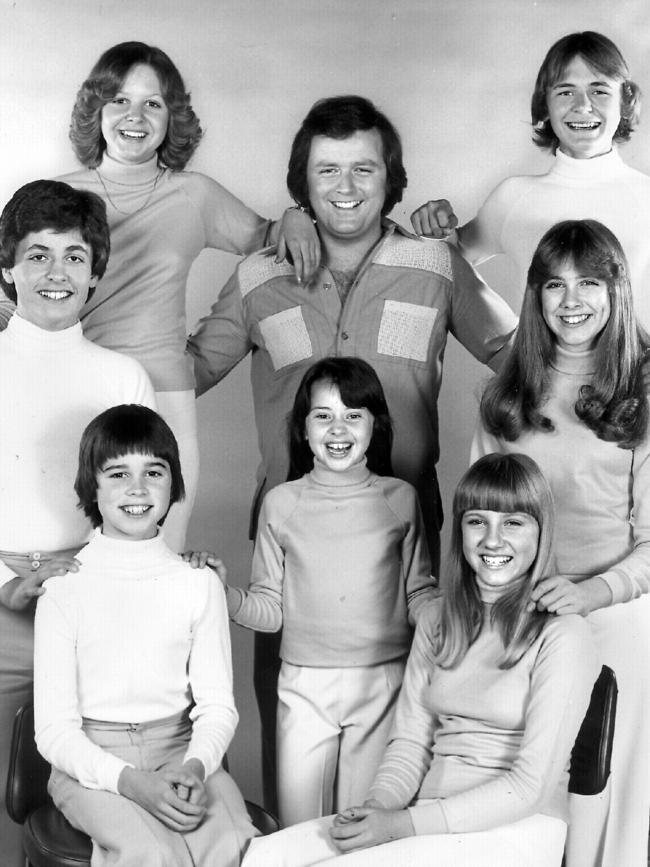 Young Talent Time (clockwise from bottom l): singer dancer John Bowles, Steven Zammit, Debbie Hancock, host Johnny Young, Robert McCullough, Karen Knowles, Nicole Cooper and Tina Arena in December, 1977.