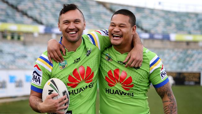 Raiders stars Jordan Rapana and Joey Leilua at GIO Stadium in Canberra. Picture: Kym Smith