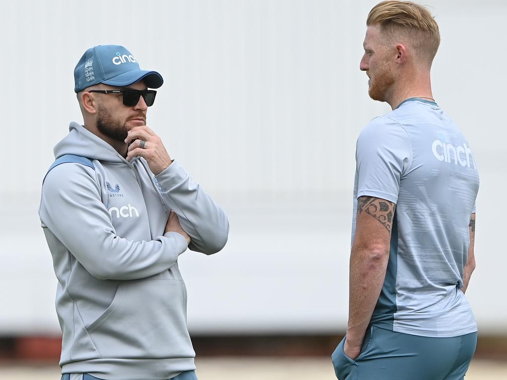 England coach Brendon McCullum and captain Ben Stokes chat during nets ahead of the Second Test Match between England and New Zealand. Picture: Stu Forster/Getty Images