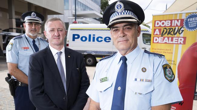 Campbelltown Police detective inspector Greg Inger, Crime Stoppers CEO Peter Price and Campbelltown Police commander Wayne Benson launch the Cob in a Dealer campaign. Picture: Matthew Vasilescu