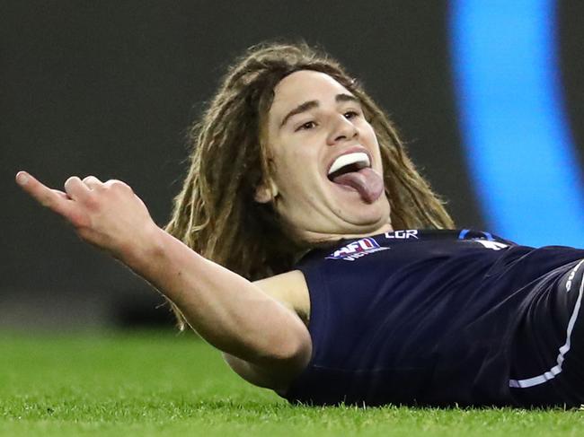 Gryan Miers celebrates one of his seven goals in the 2017 decider. Picture: Scott Barbour/AFL Media/Getty Images