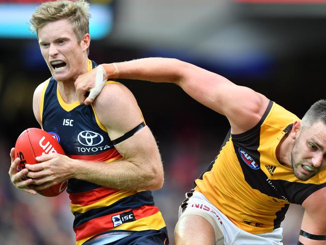 Alex Keath was a bright light on an otherwise dull day for the Crows, playing an important role in defence. Picture: David Mariuz (AAP).