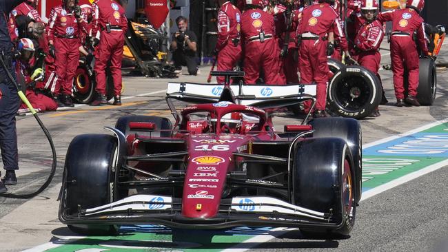 Leclerc gets a pit service. Picture: AP Photo/Luca Bruno