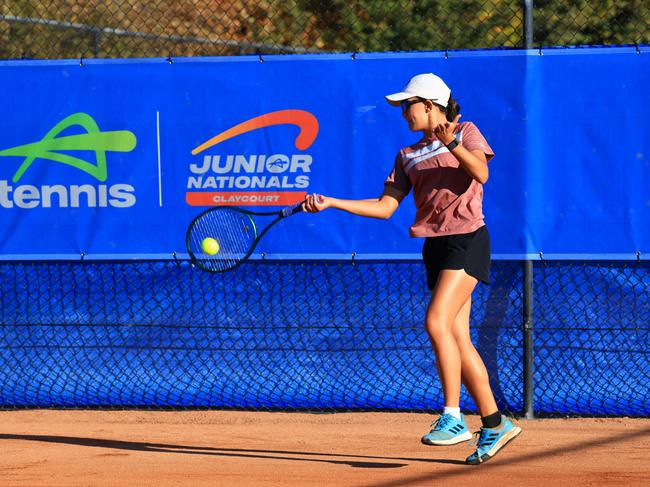 Tori Russell (QLD) during the 2024 12U and 14U Australian Claycourt Championships at Tennis World in Lyneham, Canberra. Picture: Tennis Australia/Anastasia Kachalkova.